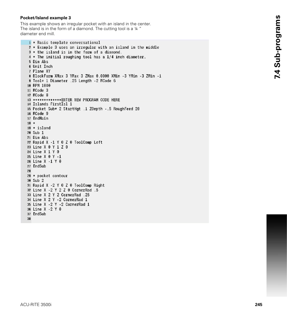 Pocket/island example 3, 4 sub-pr ogr ams | ACU-RITE CNC 3500i User Manual | Page 271 / 474