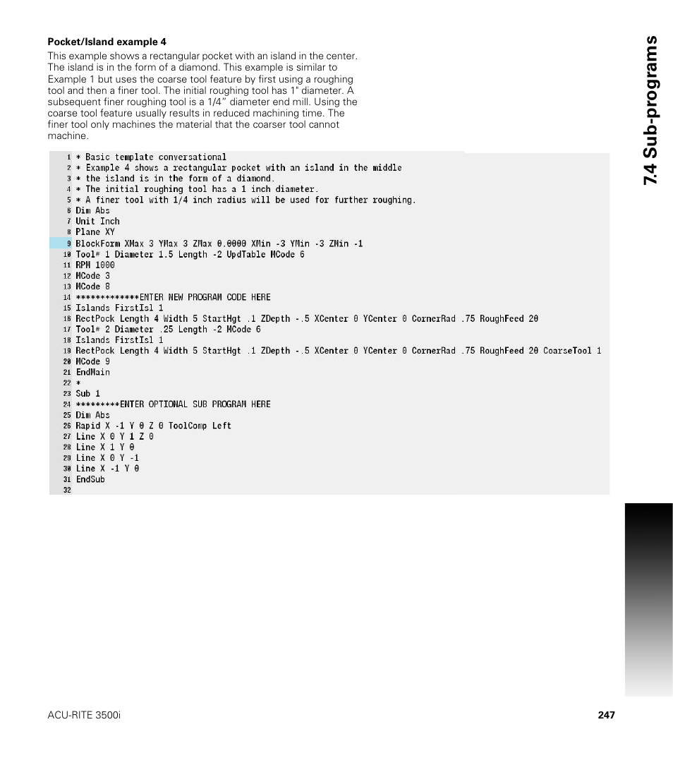 Pocket/island example 4, 4 sub-pr ogr ams | ACU-RITE CNC 3500i User Manual | Page 273 / 474