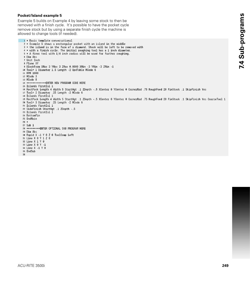 Pocket/island example 5, 4 sub-pr ogr ams | ACU-RITE CNC 3500i User Manual | Page 275 / 474