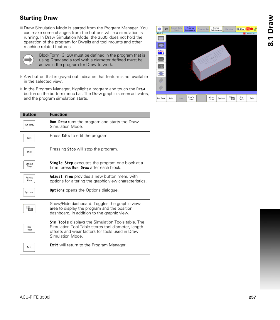 Starting draw, 1 dr a w | ACU-RITE CNC 3500i User Manual | Page 283 / 474