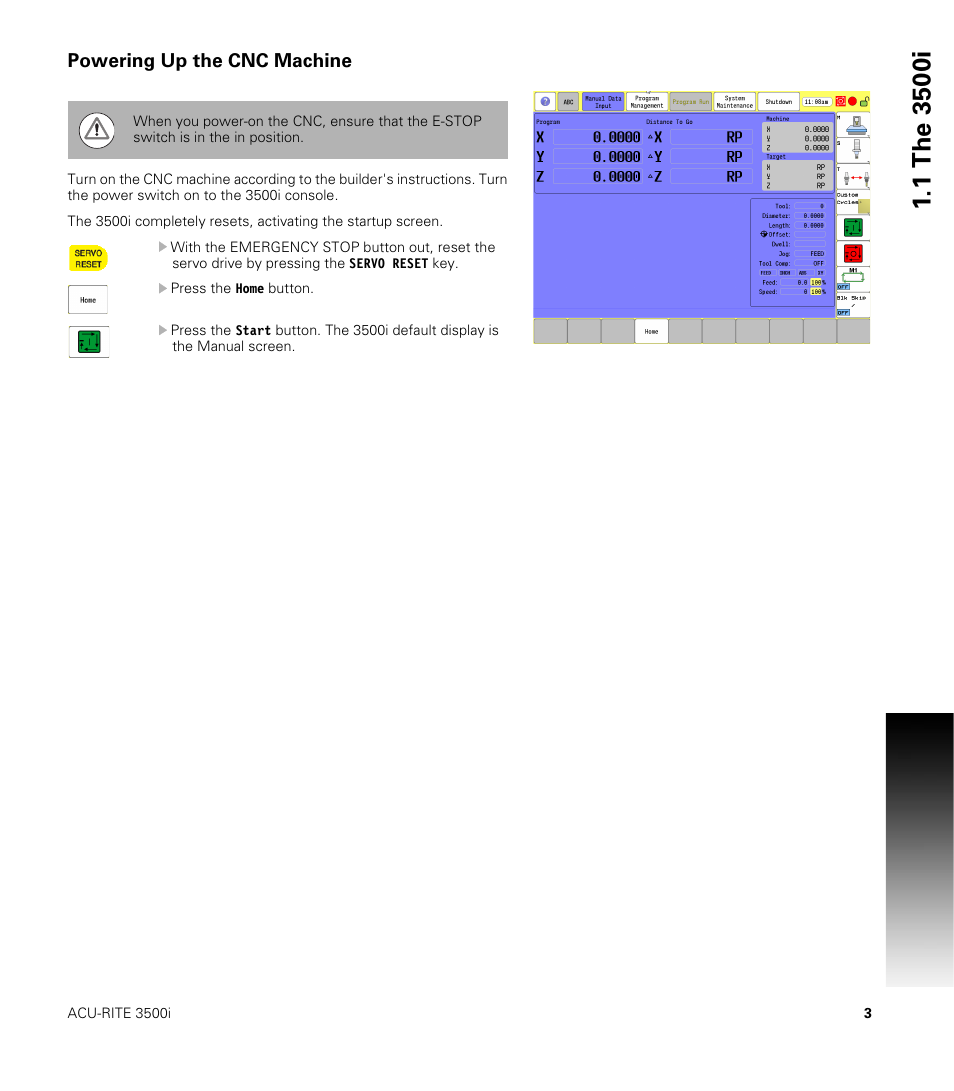 Powering up the cnc machine | ACU-RITE CNC 3500i User Manual | Page 29 / 474