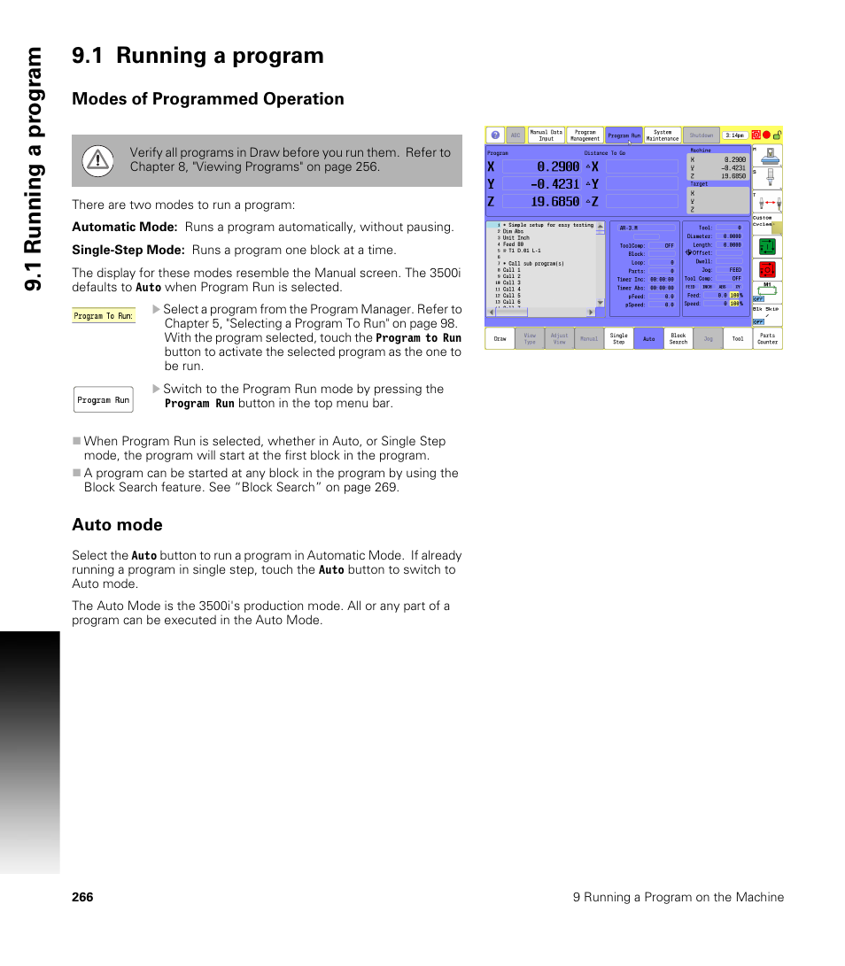 1 running a program, Modes of programmed operation, Auto mode | 1 running a pr ogr am 9.1 running a program | ACU-RITE CNC 3500i User Manual | Page 292 / 474