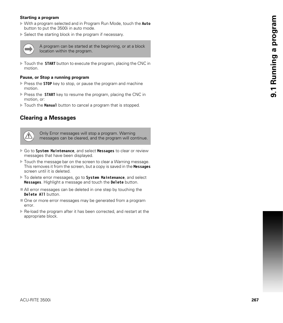 Starting a program, Pause, or stop a running program, Clearing a messages | 1 running a pr ogr am | ACU-RITE CNC 3500i User Manual | Page 293 / 474