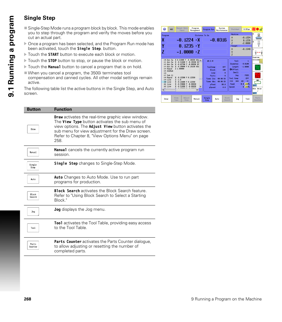 Single step, 1 running a pr ogr am | ACU-RITE CNC 3500i User Manual | Page 294 / 474