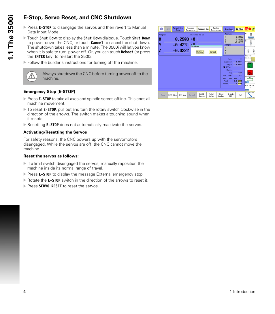E-stop, servo reset, and cnc shutdown | ACU-RITE CNC 3500i User Manual | Page 30 / 474