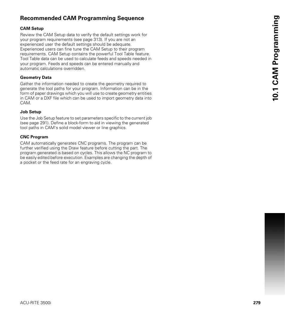 Recommended cam programming sequence, Cam setup, Geometry data | Job setup, Cnc program, Cam setup geometry data job setup, 10 .1 cam pr ogr a mming | ACU-RITE CNC 3500i User Manual | Page 305 / 474