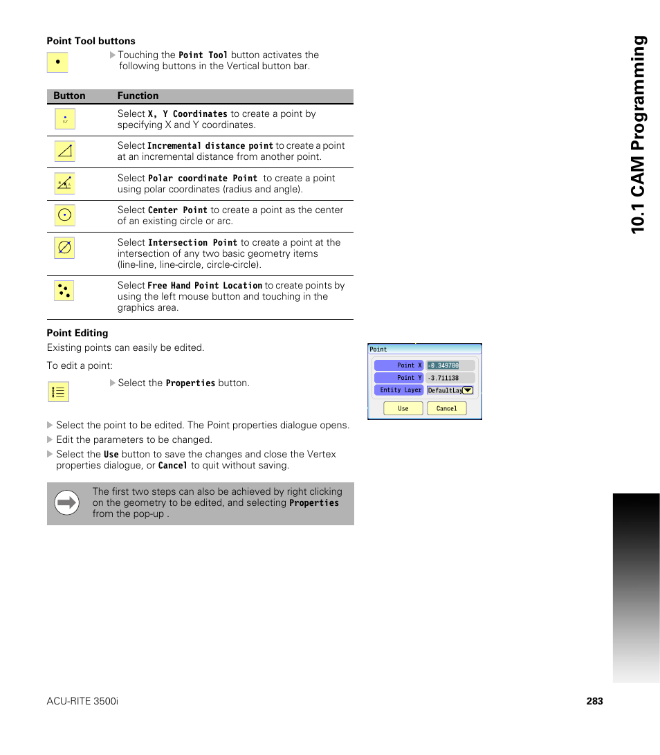 Point tool buttons, Point editing, Point tool buttons point editing | 10 .1 cam pr ogr a mming | ACU-RITE CNC 3500i User Manual | Page 309 / 474