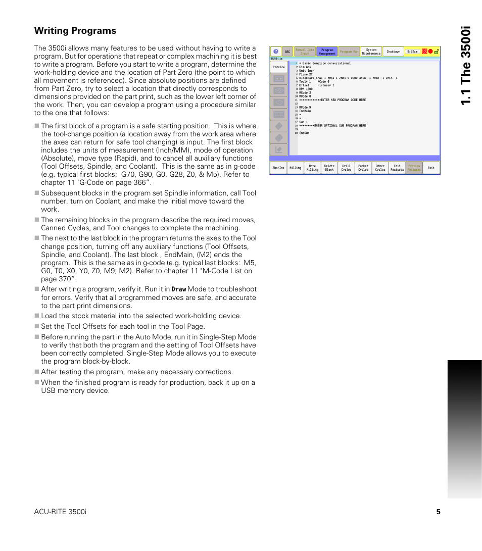 Writing programs | ACU-RITE CNC 3500i User Manual | Page 31 / 474