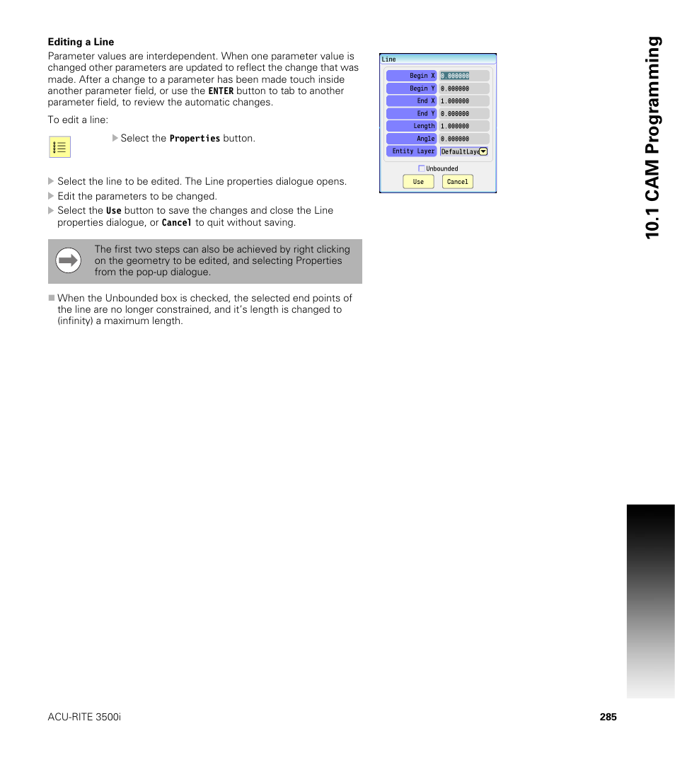 Editing a line, 10 .1 cam pr ogr a mming | ACU-RITE CNC 3500i User Manual | Page 311 / 474