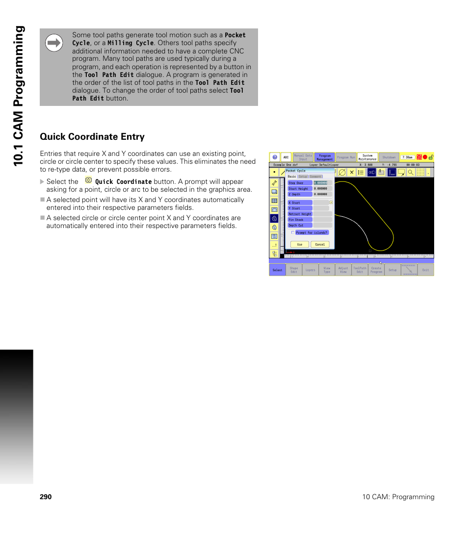 Quick coordinate entry, 10 .1 cam pr ogr a mming | ACU-RITE CNC 3500i User Manual | Page 316 / 474