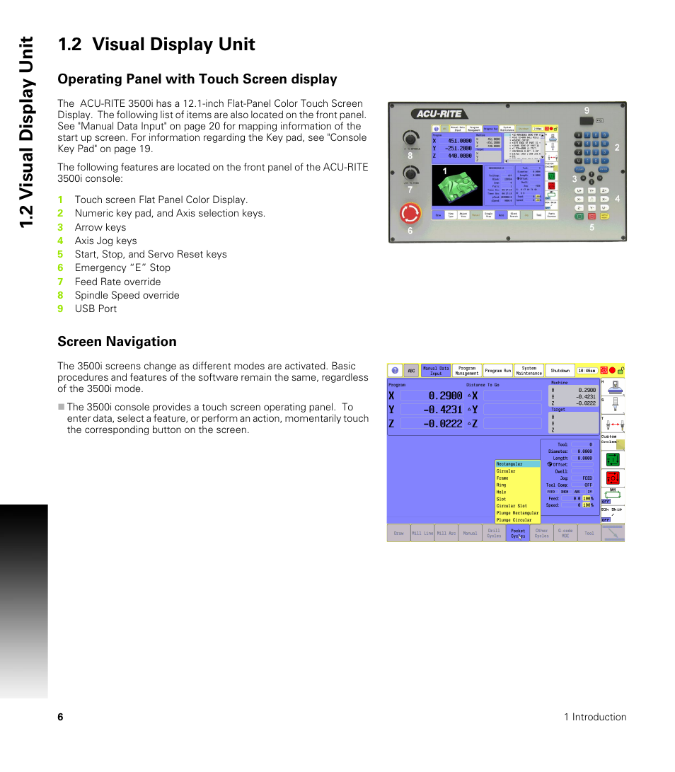 2 visual display unit, Operating panel with touch screen display, Screen navigation | 2 v isual displa y unit 1.2 visual display unit | ACU-RITE CNC 3500i User Manual | Page 32 / 474