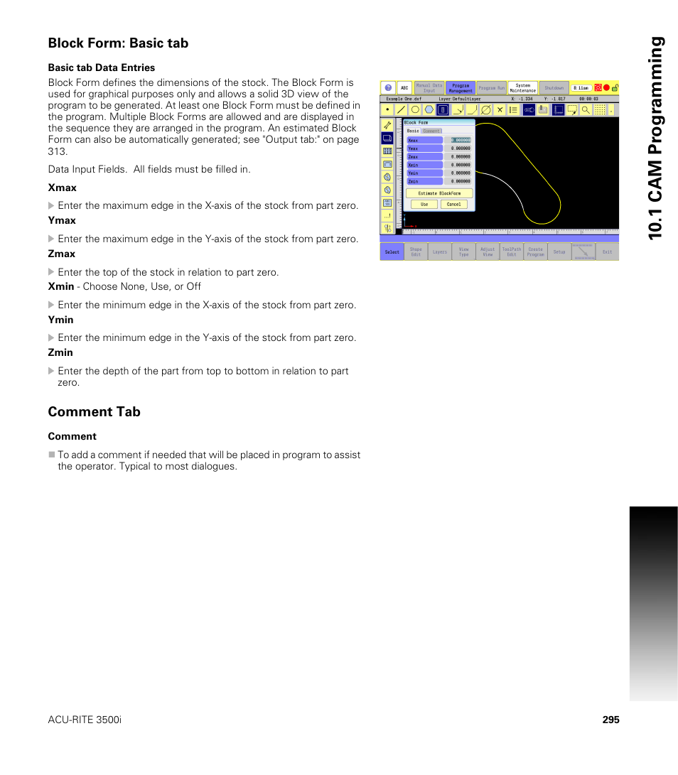 Block form: basic tab, Basic tab data entries, Comment tab | 10 .1 cam pr ogr a mming | ACU-RITE CNC 3500i User Manual | Page 321 / 474