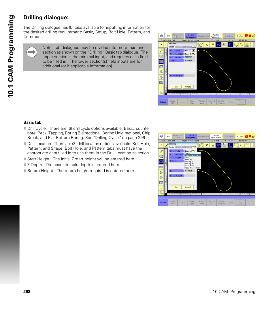 Drilling dialogue, Basic tab, 10 .1 cam pr ogr a mming | ACU-RITE CNC 3500i User Manual | Page 324 / 474