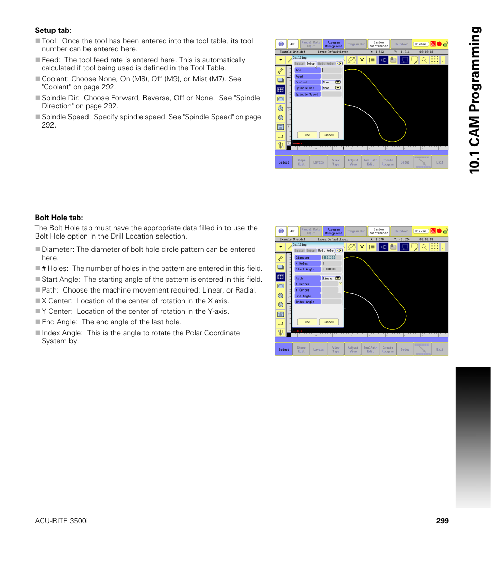 Setup tab, Bolt hole tab, Setup tab: bolt hole tab | 10 .1 cam pr ogr a mming | ACU-RITE CNC 3500i User Manual | Page 325 / 474
