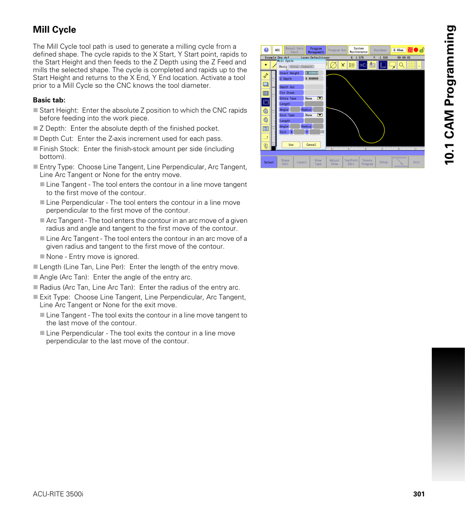 Mill cycle, Basic tab, 10 .1 cam pr ogr a mming | ACU-RITE CNC 3500i User Manual | Page 327 / 474