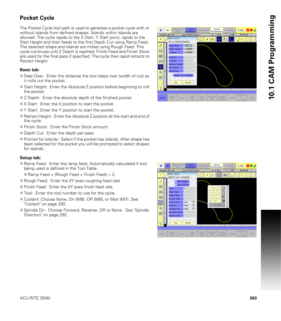 Pocket cycle, Basic tab, Setup tab | Basic tab: setup tab, 10 .1 cam pr ogr a mming | ACU-RITE CNC 3500i User Manual | Page 329 / 474