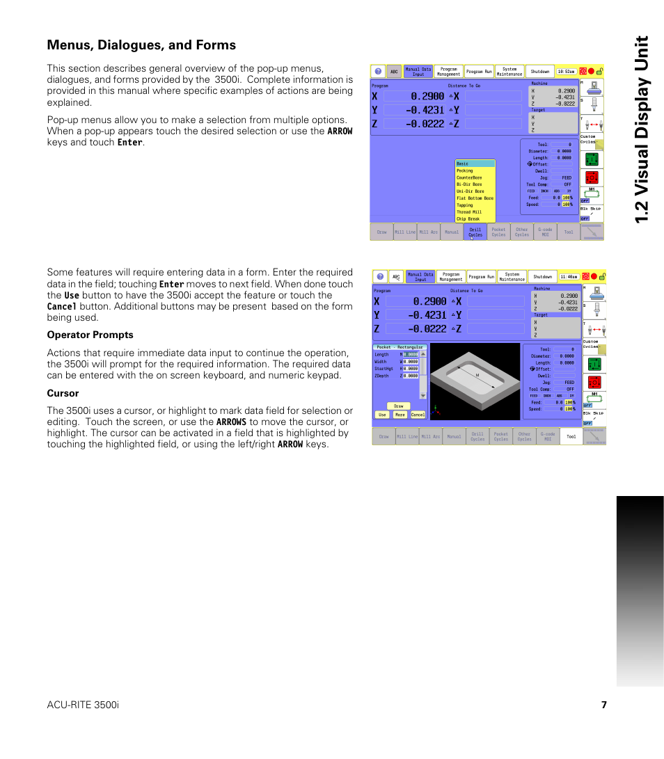 Menus, dialogues, and forms, 2 v isual displa y unit | ACU-RITE CNC 3500i User Manual | Page 33 / 474