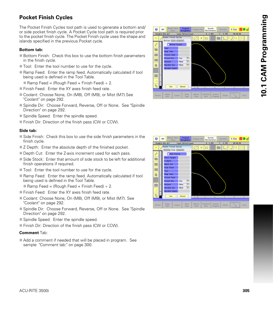 Pocket finish cycles, Bottom tab, Side tab | Bottom tab: side tab, 10 .1 cam pr ogr a mming | ACU-RITE CNC 3500i User Manual | Page 331 / 474