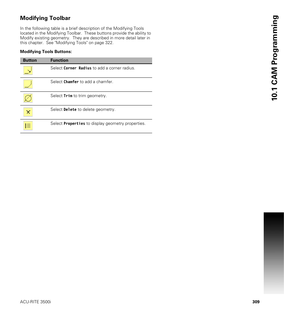 Modifying toolbar, Modifying tools buttons, 10 .1 cam pr ogr a mming | ACU-RITE CNC 3500i User Manual | Page 335 / 474