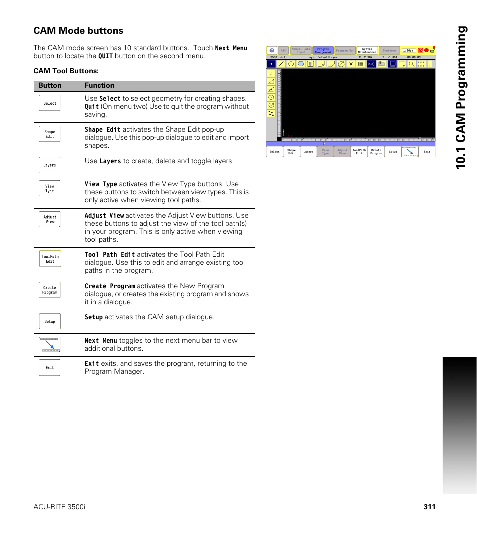Cam mode buttons, Cam tool buttons, 10 .1 cam pr ogr a mming | ACU-RITE CNC 3500i User Manual | Page 337 / 474