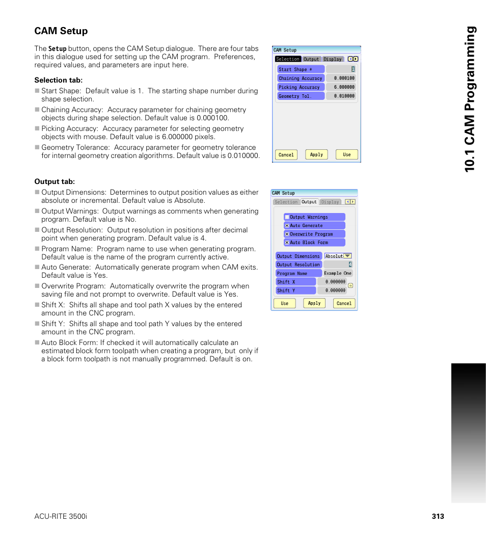 Cam setup, Selection tab, Output tab | Selection tab: output tab, 10 .1 cam pr ogr a mming | ACU-RITE CNC 3500i User Manual | Page 339 / 474