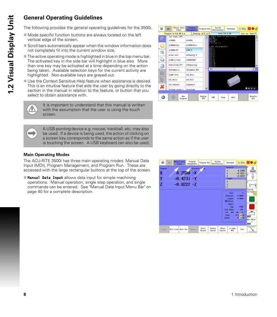 General operating guidelines, Main operating modes, 2 v isual displa y unit | ACU-RITE CNC 3500i User Manual | Page 34 / 474