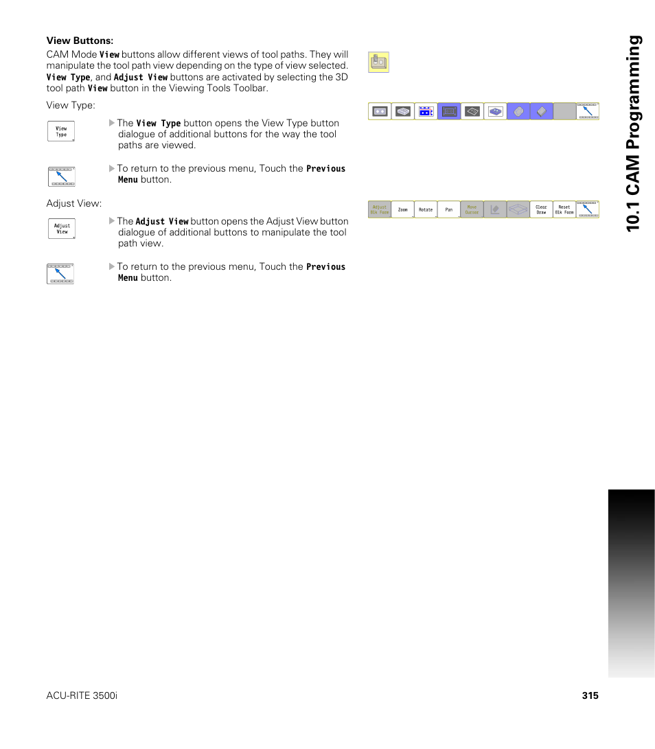 View buttons, 10 .1 cam pr ogr a mming | ACU-RITE CNC 3500i User Manual | Page 341 / 474