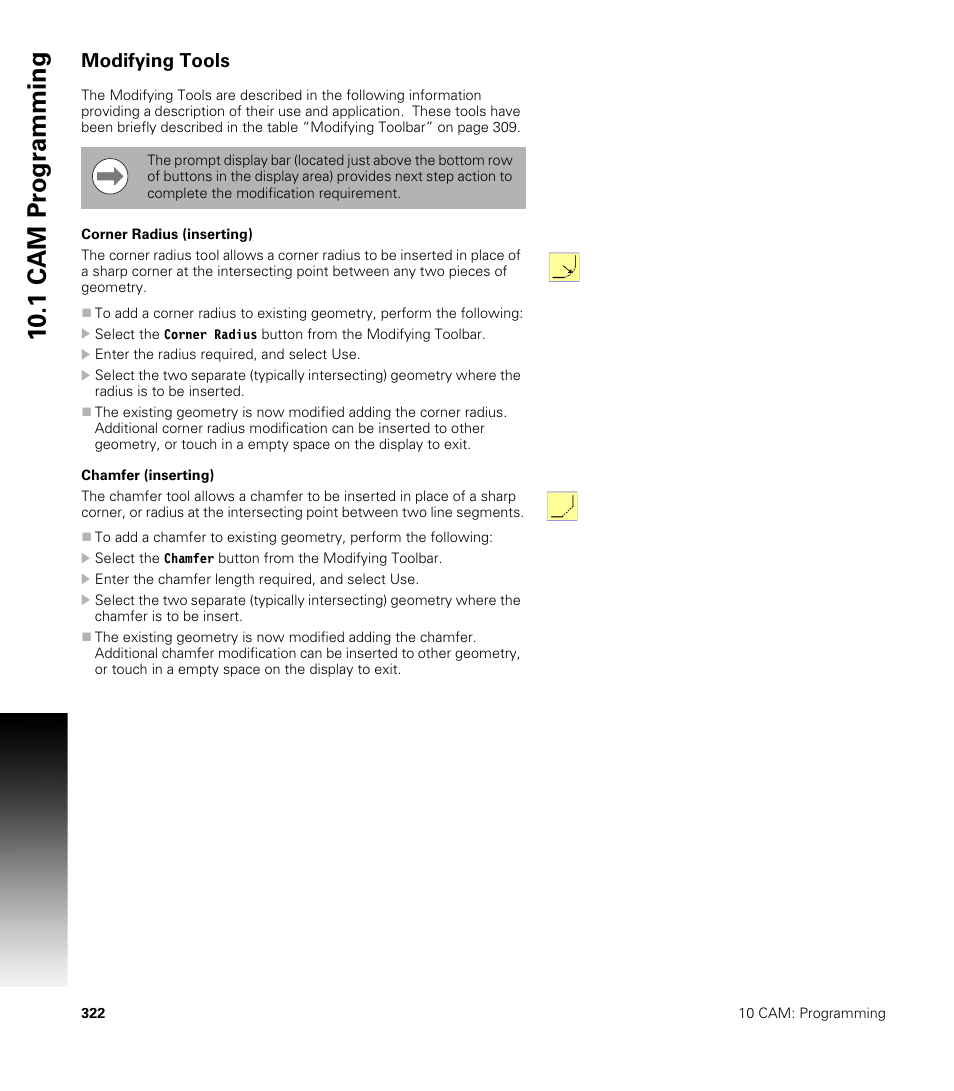 Modifying tools, Corner radius (inserting), Chamfer (inserting) | Corner radius (inserting) chamfer (inserting), 10 .1 cam pr ogr a mming | ACU-RITE CNC 3500i User Manual | Page 348 / 474