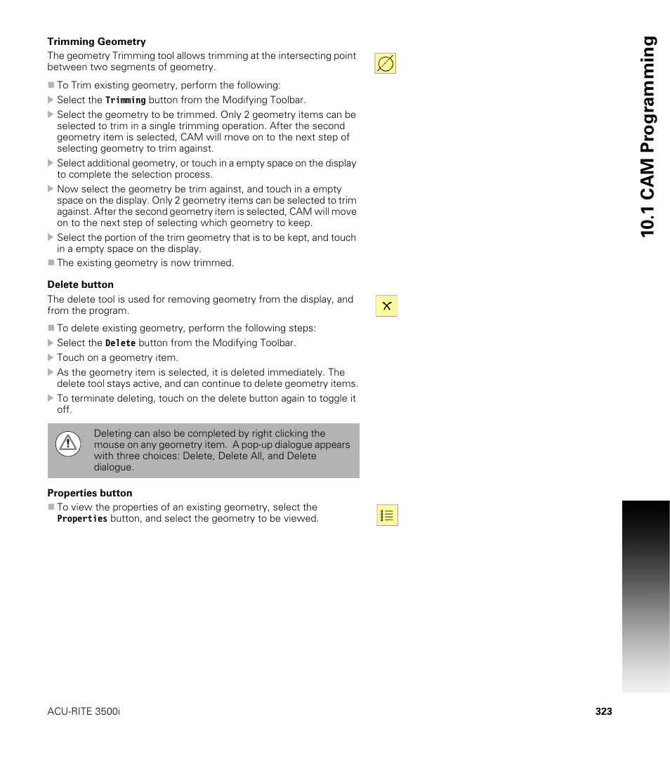 Trimming geometry, Delete button, Properties button | Trimming geometry delete button properties button, 10 .1 cam pr ogr a mming | ACU-RITE CNC 3500i User Manual | Page 349 / 474