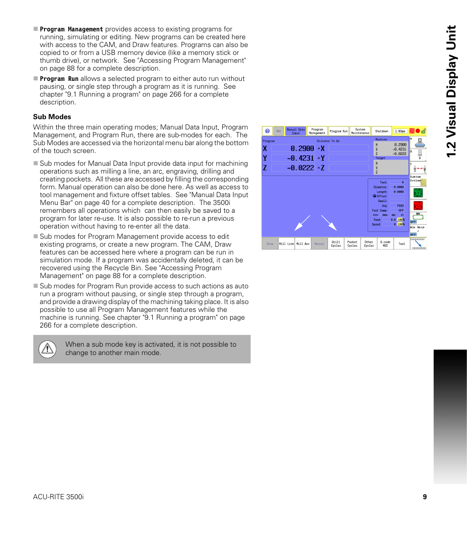 Sub modes, 2 v isual displa y unit | ACU-RITE CNC 3500i User Manual | Page 35 / 474