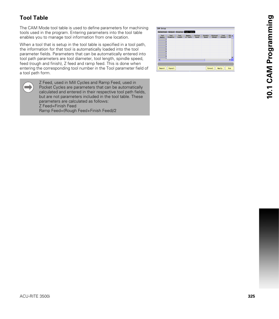 Tool table, 10 .1 cam pr ogr a mming | ACU-RITE CNC 3500i User Manual | Page 351 / 474