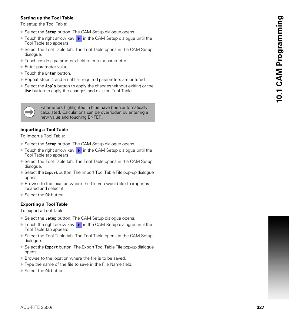 Setting up the tool table, Importing a tool table, Exporting a tool table | 10 .1 cam pr ogr a mming | ACU-RITE CNC 3500i User Manual | Page 353 / 474