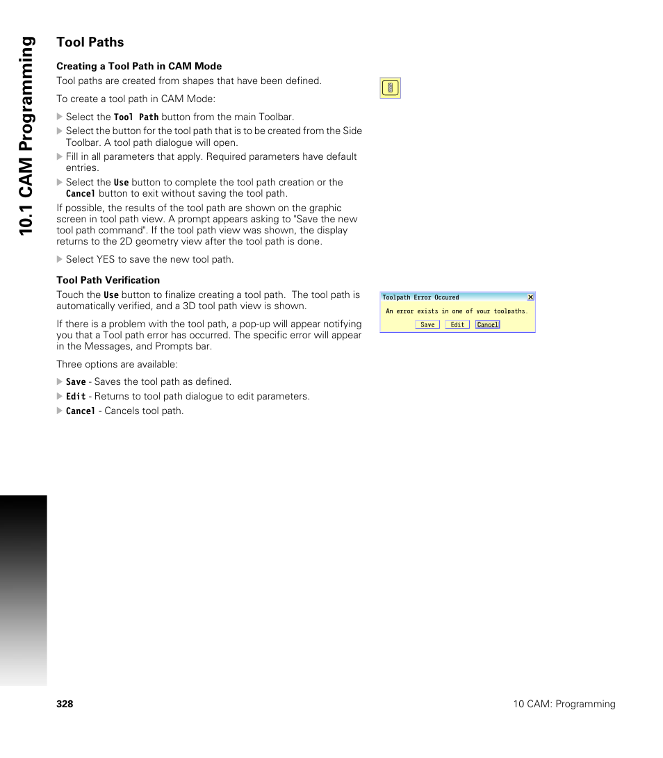 Tool paths, Creating a tool path in cam mode, Tool path verification | 10 .1 cam pr ogr a mming | ACU-RITE CNC 3500i User Manual | Page 354 / 474