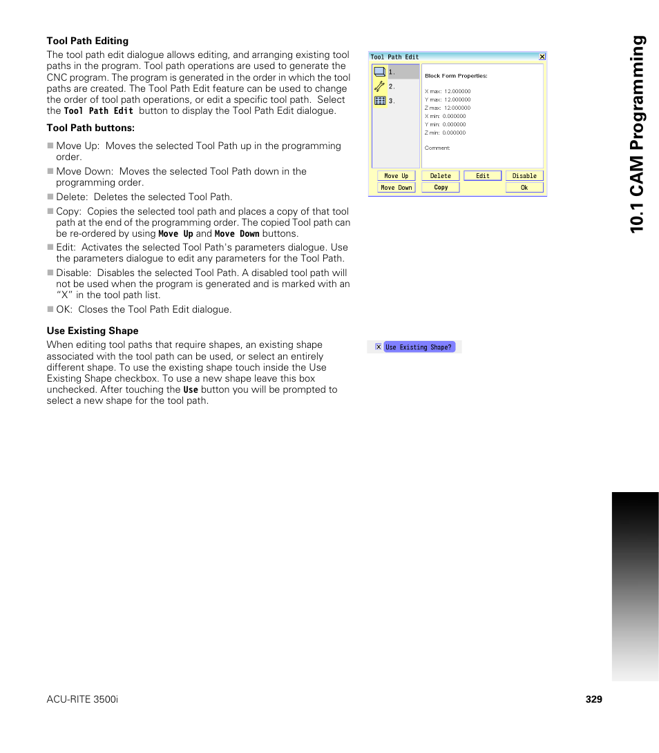 Tool path editing, Use existing shape, Tool path editing use existing shape | 10 .1 cam pr ogr a mming | ACU-RITE CNC 3500i User Manual | Page 355 / 474