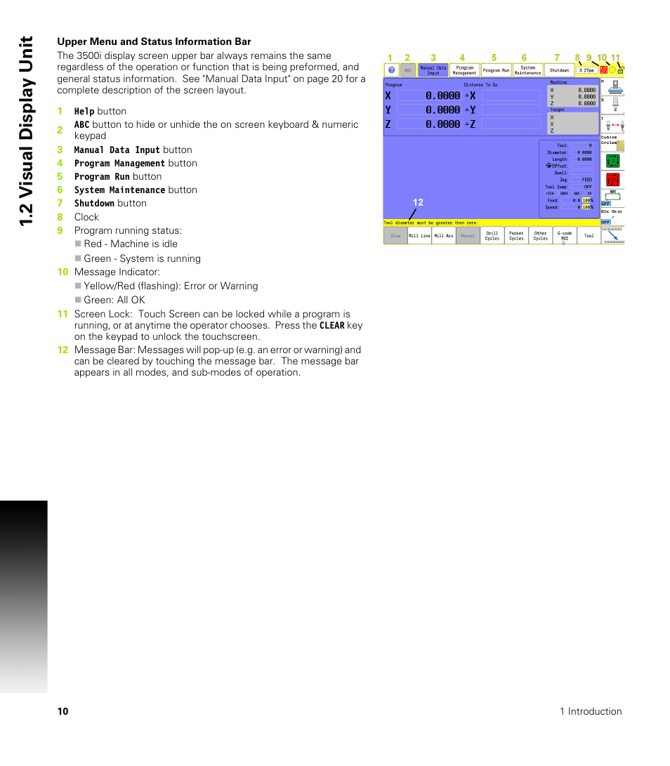 Upper menu and status information bar, 2 v isual displa y unit | ACU-RITE CNC 3500i User Manual | Page 36 / 474