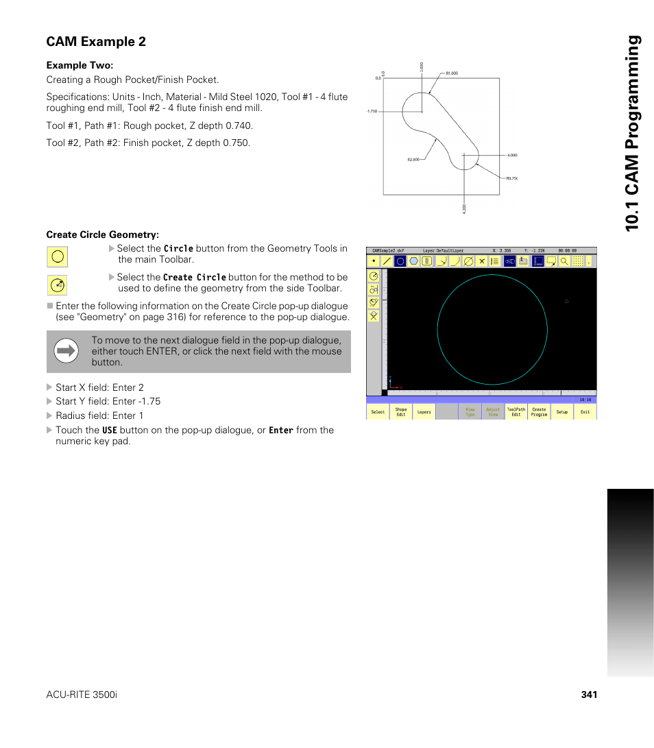 Cam example 2, Example two, Create circle geometry | Example two: create circle geometry, 10 .1 cam pr ogr a mming | ACU-RITE CNC 3500i User Manual | Page 367 / 474