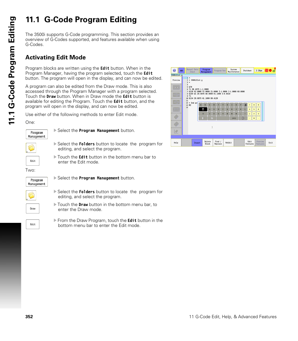 1 g-code program editing, Activating edit mode | ACU-RITE CNC 3500i User Manual | Page 378 / 474