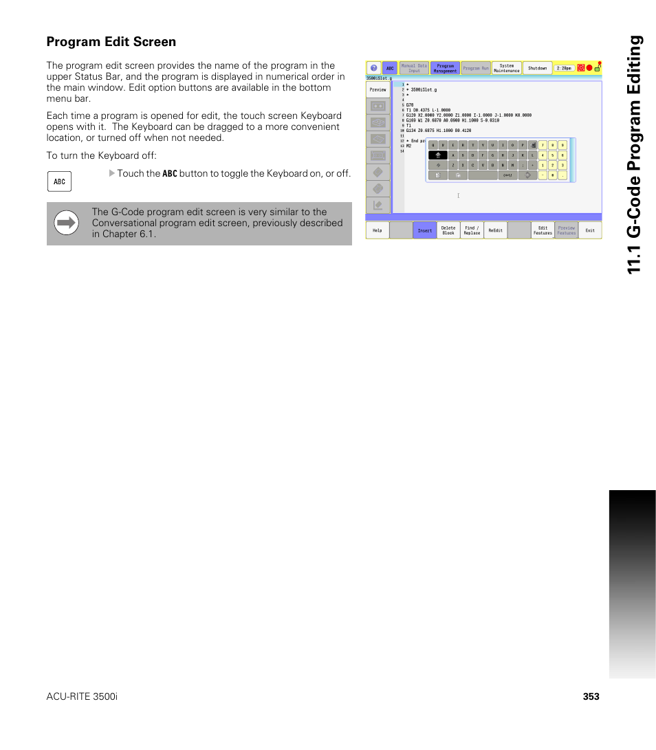 Program edit screen, 1 g-code pr ogr a m editing | ACU-RITE CNC 3500i User Manual | Page 379 / 474