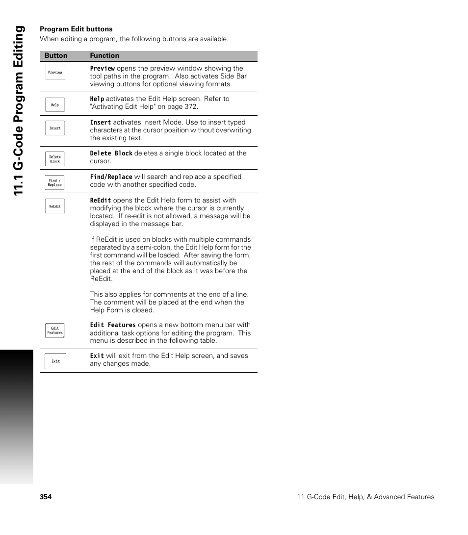 Program edit buttons, 1 g-code pr ogr a m editing | ACU-RITE CNC 3500i User Manual | Page 380 / 474