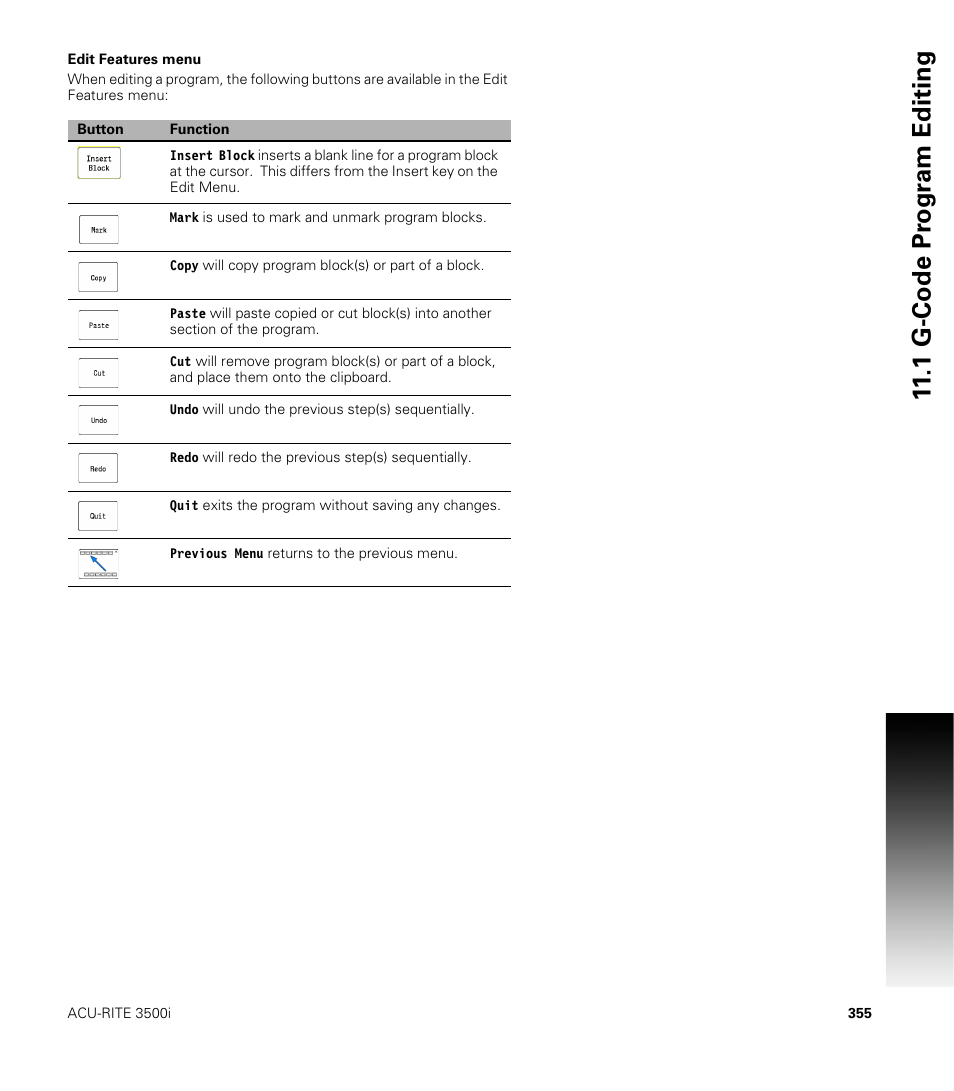 Edit features menu, 1 g-code pr ogr a m editing | ACU-RITE CNC 3500i User Manual | Page 381 / 474