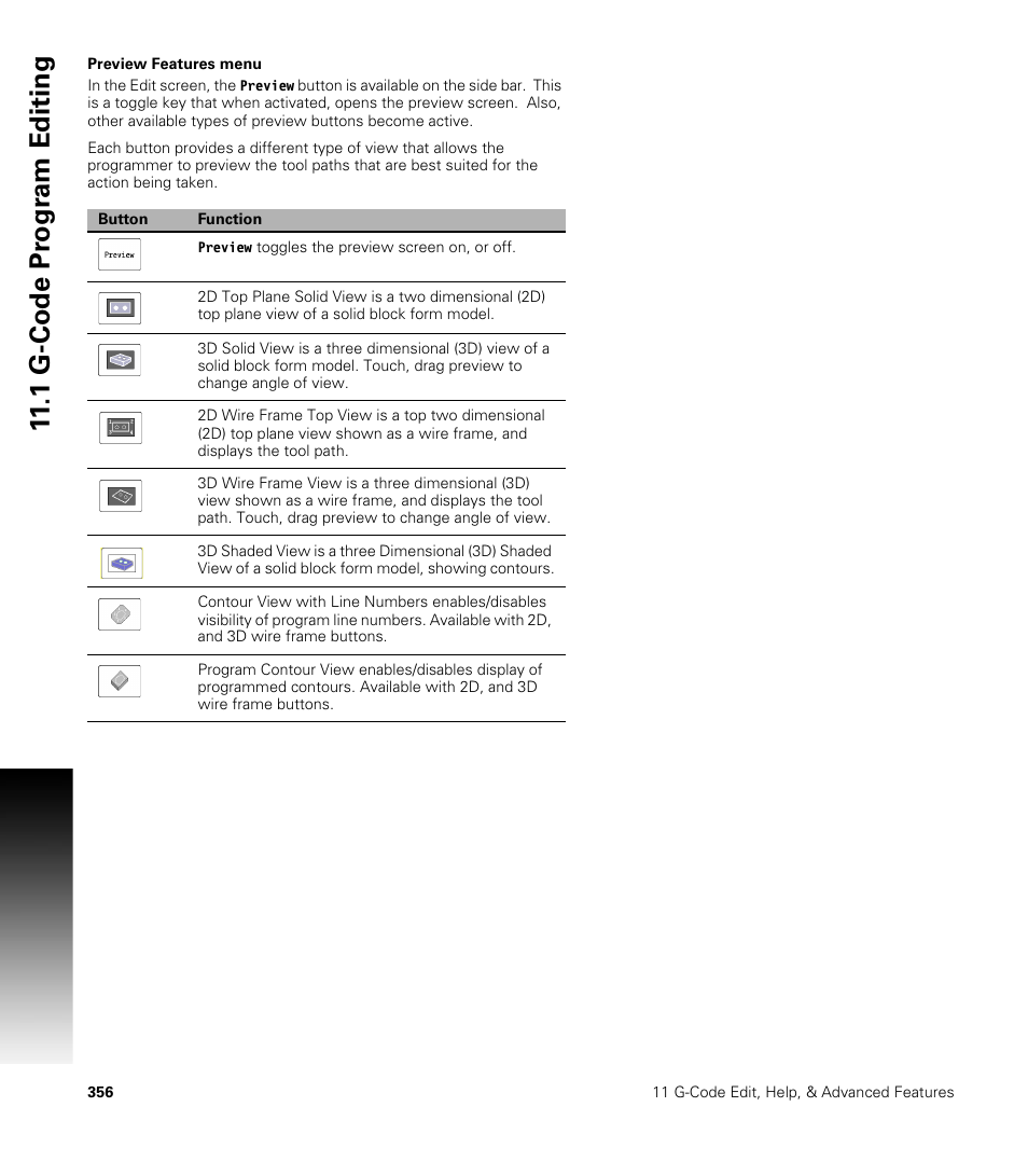 Preview features menu, 1 g-code pr ogr a m editing | ACU-RITE CNC 3500i User Manual | Page 382 / 474