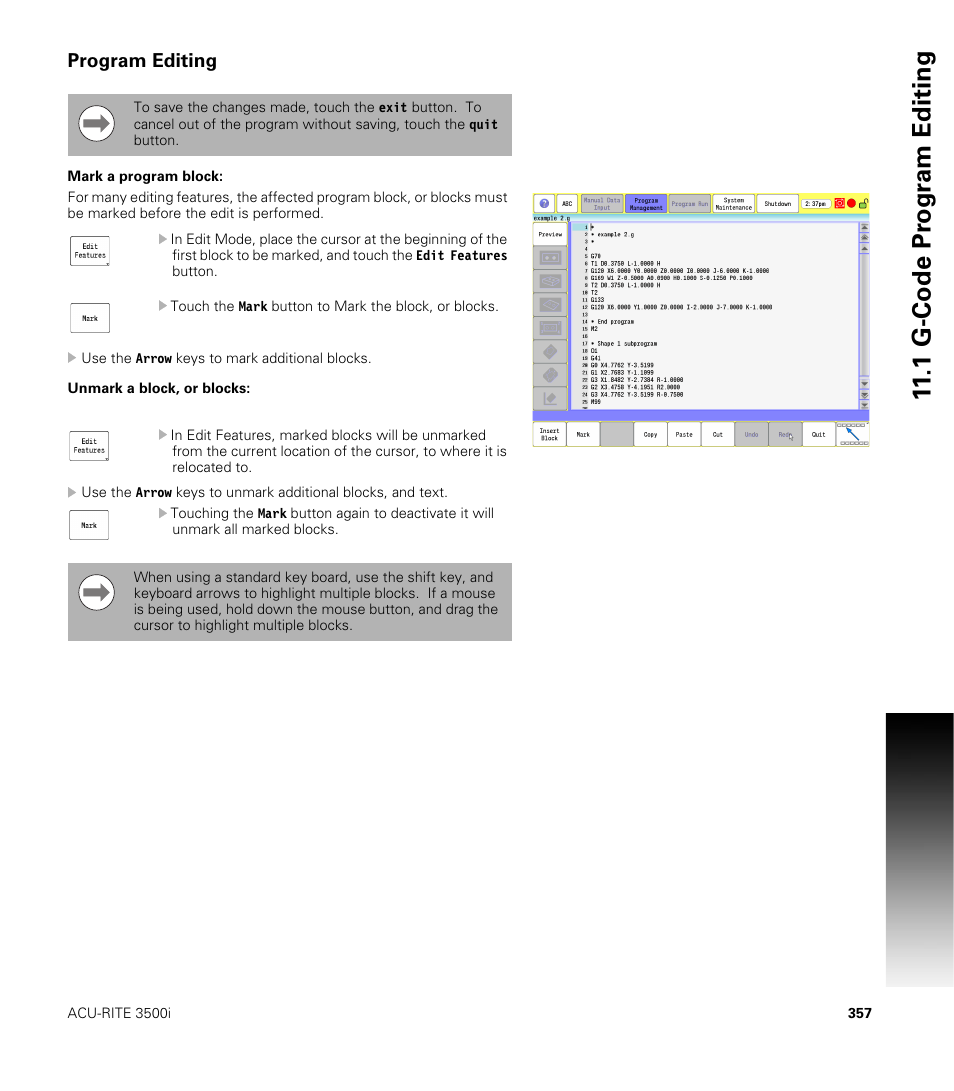 Program editing, Mark a program block, Unmark a block, or blocks | Mark a program block: unmark a block, or blocks, 1 g-code pr ogr a m editing | ACU-RITE CNC 3500i User Manual | Page 383 / 474
