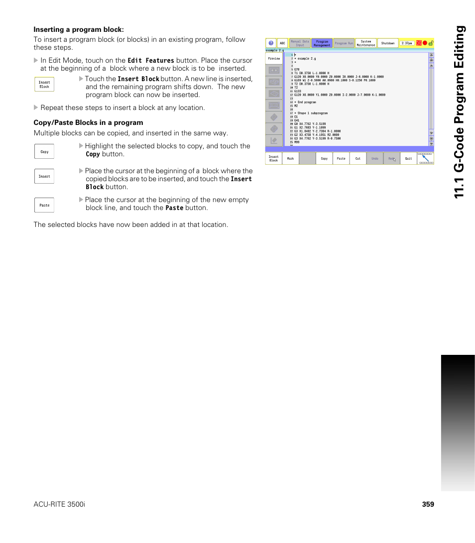 Inserting a program block, Copy/paste blocks in a program, 1 g-code pr ogr a m editing | ACU-RITE CNC 3500i User Manual | Page 385 / 474