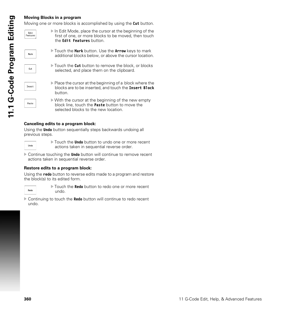 Moving blocks in a program, Canceling edits to a program block, Restore edits to a program block | 1 g-code pr ogr a m editing | ACU-RITE CNC 3500i User Manual | Page 386 / 474