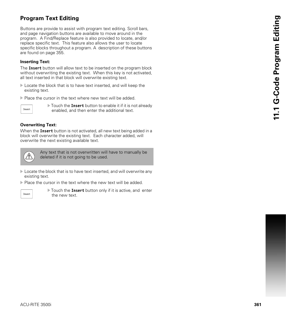 Program text editing, Inserting text, Overwriting text | Inserting text: overwriting text, 1 g-code pr ogr a m editing | ACU-RITE CNC 3500i User Manual | Page 387 / 474