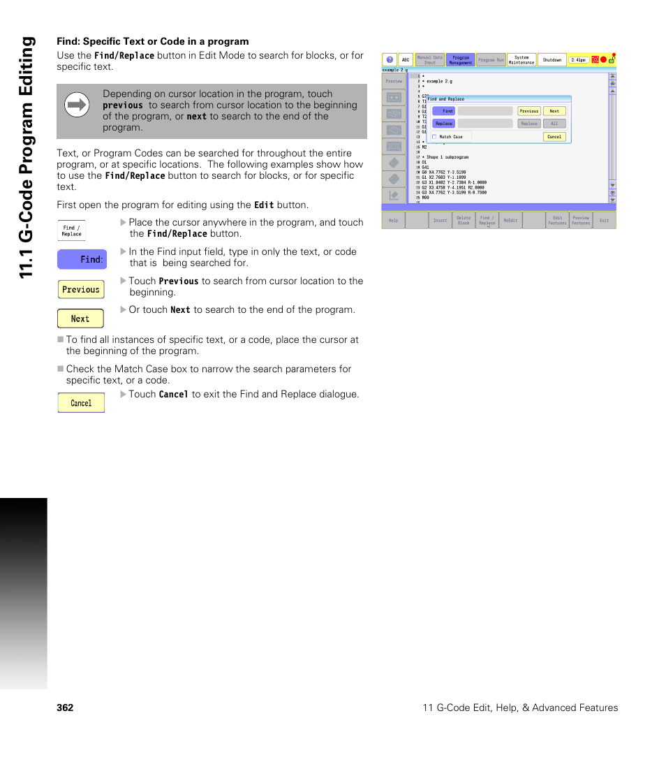 Find: specific text or code in a program, 1 g-code pr ogr a m editing | ACU-RITE CNC 3500i User Manual | Page 388 / 474
