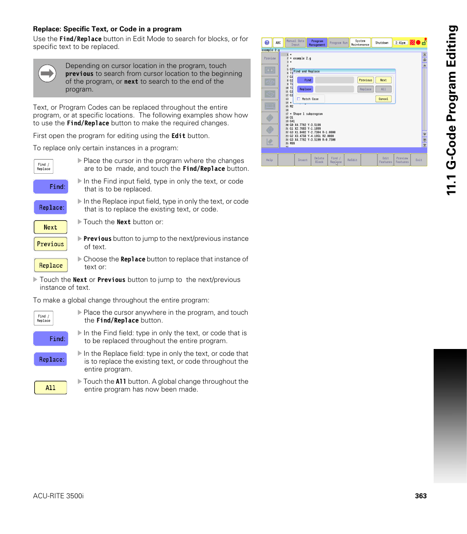 Replace: specific text, or code in a program, 1 g-code pr ogr a m editing | ACU-RITE CNC 3500i User Manual | Page 389 / 474