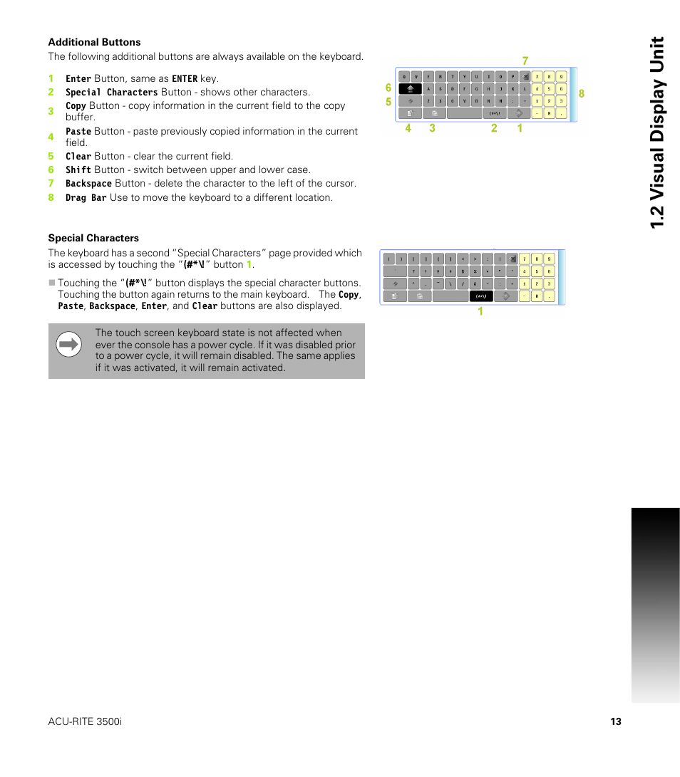 Additional buttons, Special characters, Additional buttons special characters | 2 v isual displa y unit | ACU-RITE CNC 3500i User Manual | Page 39 / 474