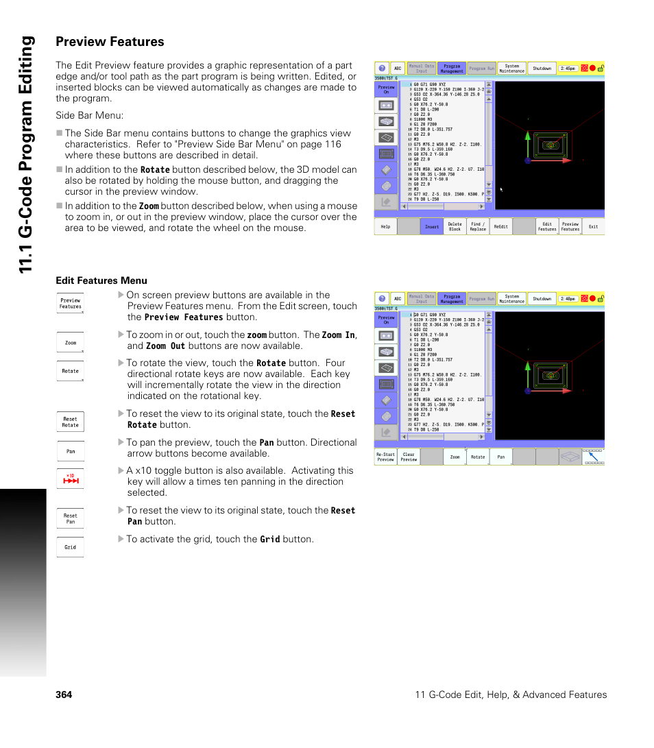 Preview features, Edit features menu, 1 g-code pr ogr a m editing | ACU-RITE CNC 3500i User Manual | Page 390 / 474