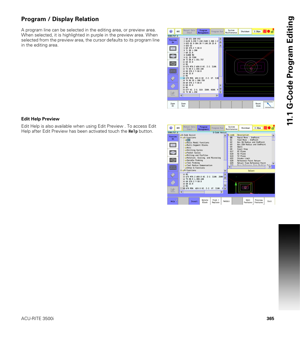 Program / display relation, Edit help preview, 1 g-code pr ogr a m editing | ACU-RITE CNC 3500i User Manual | Page 391 / 474